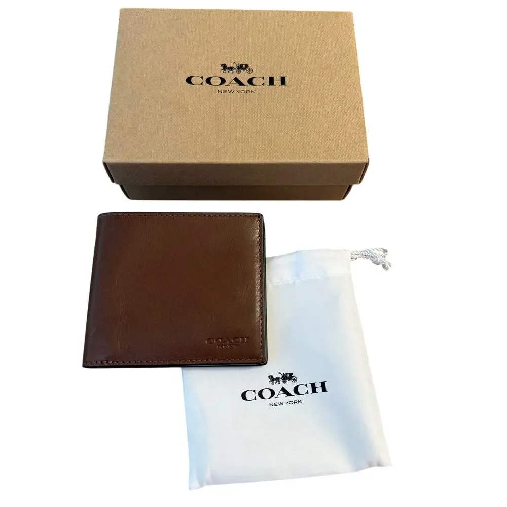 COACH Billfold Wallet Genuine Water Buffalo Leather 8-Card Supple Embossed Brown